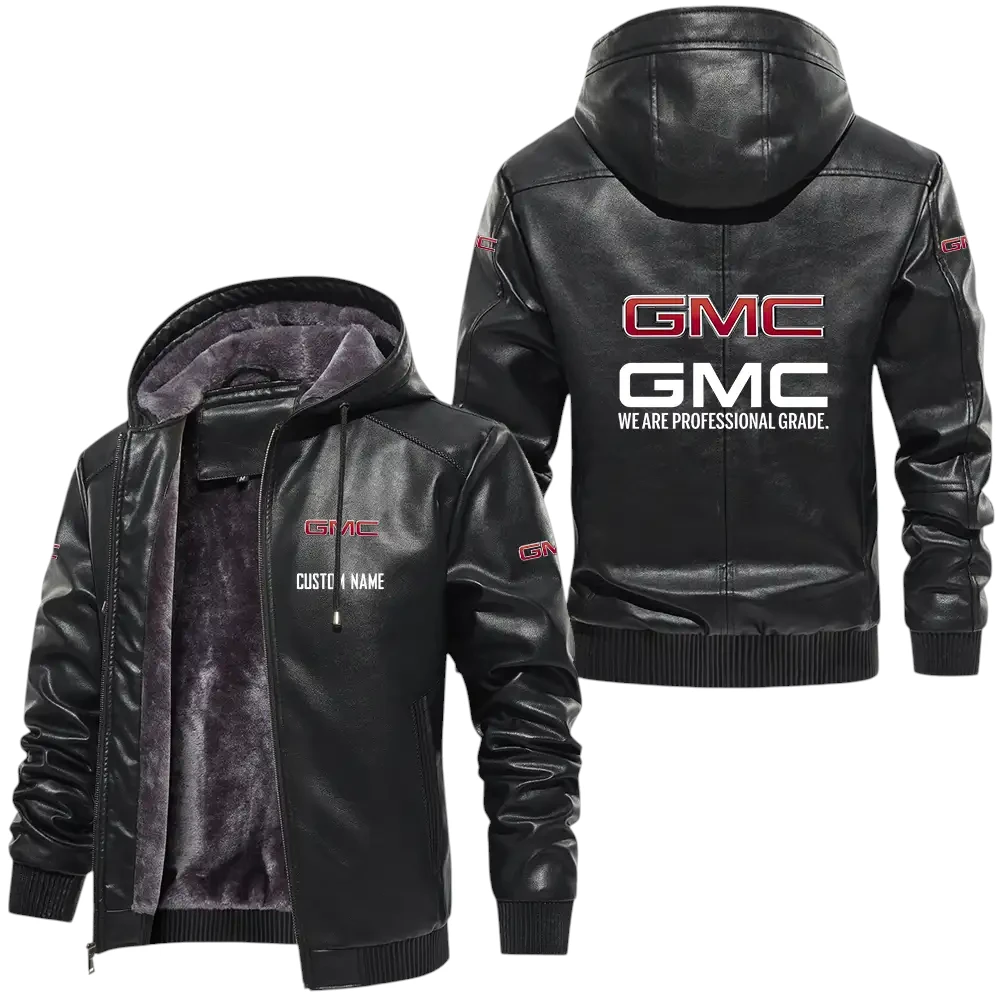 GMC PU Leather Hooded Jacket, Mens Durable Windproof Keep Warm Soft Velvet Lined Jacket, Custom Name HG030325Y24LJH1GMC