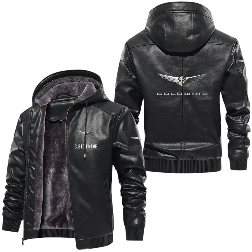 Goldwing PU Leather Hooded Jacket, Mens Durable Windproof Keep Warm Soft Velvet Lined Jacket, Custom Name HG040325Y24LJH1GOL