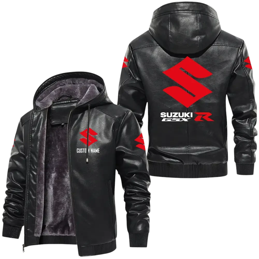 Suzuki GsxR PU Leather Hooded Jacket, Mens Durable Windproof Keep Warm Soft Velvet Lined Jacket, Custom Name HG040325Y24LJH1GSX