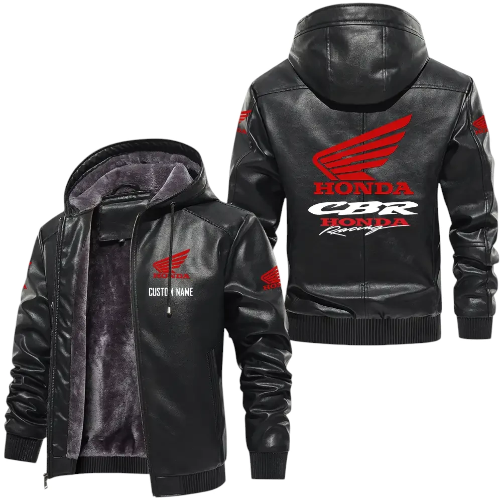 Honda CBR PU Leather Hooded Jacket, Mens Durable Windproof Keep Warm Soft Velvet Lined Jacket, Custom Name HG040325Y24LJH1CBR