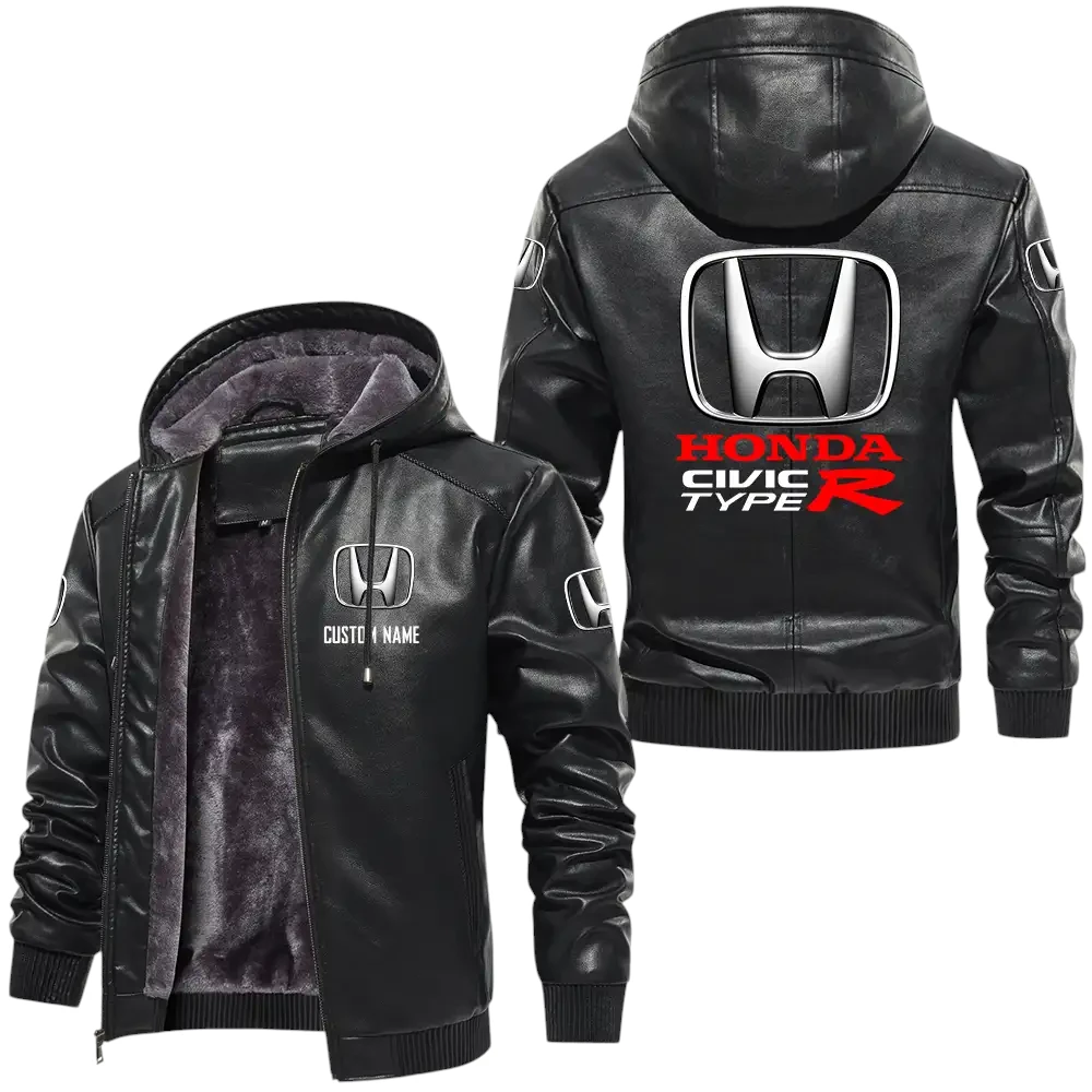 Honda Civic type R PU Leather Hooded Jacket, Mens Durable Windproof Keep Warm Soft Velvet Lined Jacket, Custom Name HG040325Y24LJH1HON