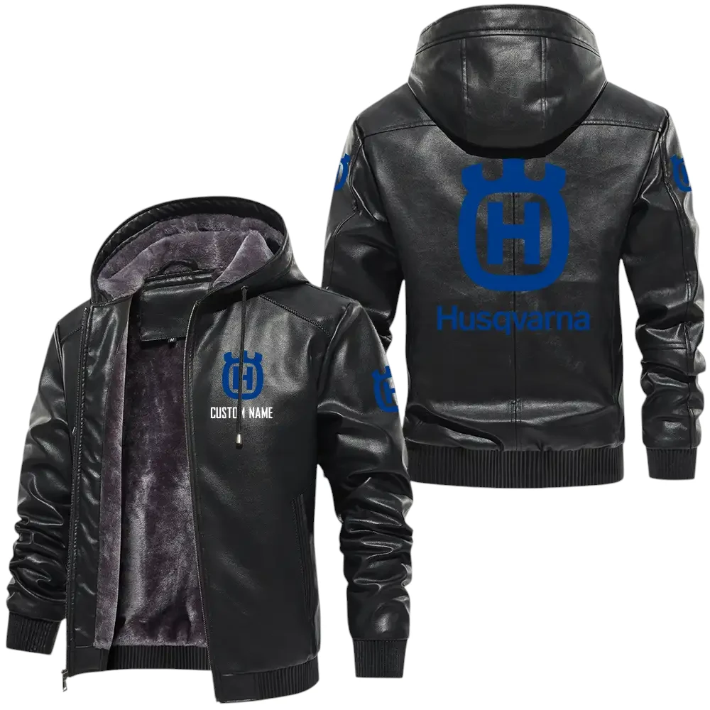 Husqvarna PU Leather Hooded Jacket, Mens Durable Windproof Keep Warm Soft Velvet Lined Jacket, Custom Name HG040325Y24LJH1HUA