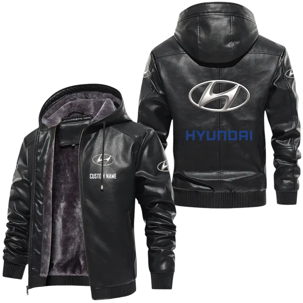 Hyundai PU Leather Hooded Jacket, Mens Durable Windproof Keep Warm Soft Velvet Lined Jacket, Custom Name HG040325Y24LJH1HYU