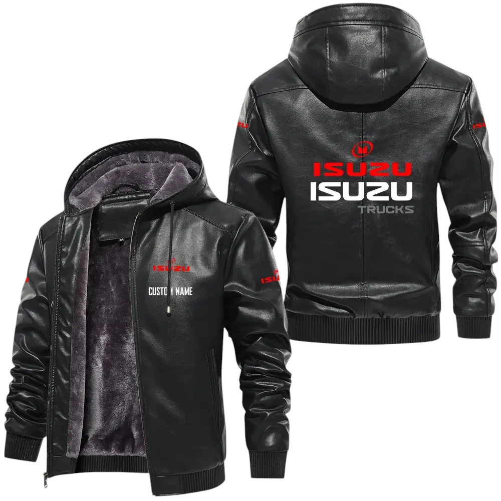 Isuzu PU Leather Hooded Jacket, Mens Durable Windproof Keep Warm Soft Velvet Lined Jacket, Custom Name HG040325Y24LJH1ISU