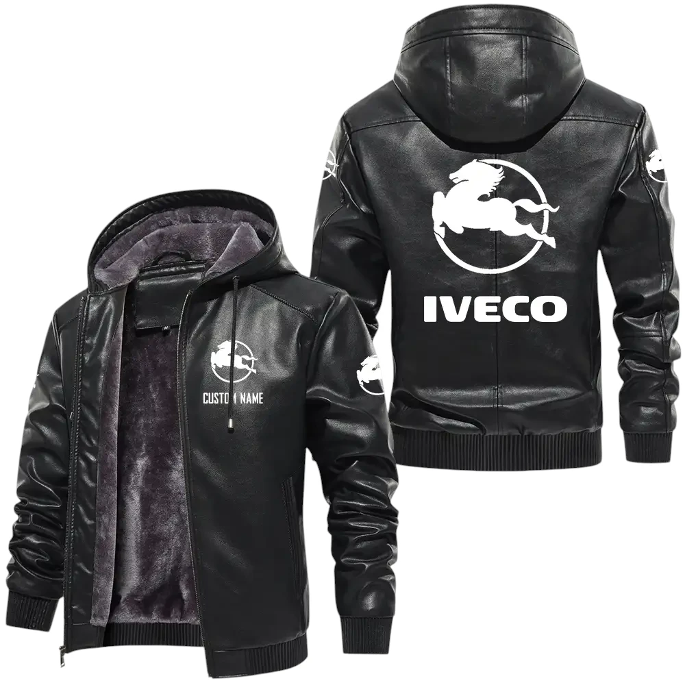 Iveco PU Leather Hooded Jacket, Mens Durable Windproof Keep Warm Soft Velvet Lined Jacket, Custom Name HG040325Y24LJH1IVE