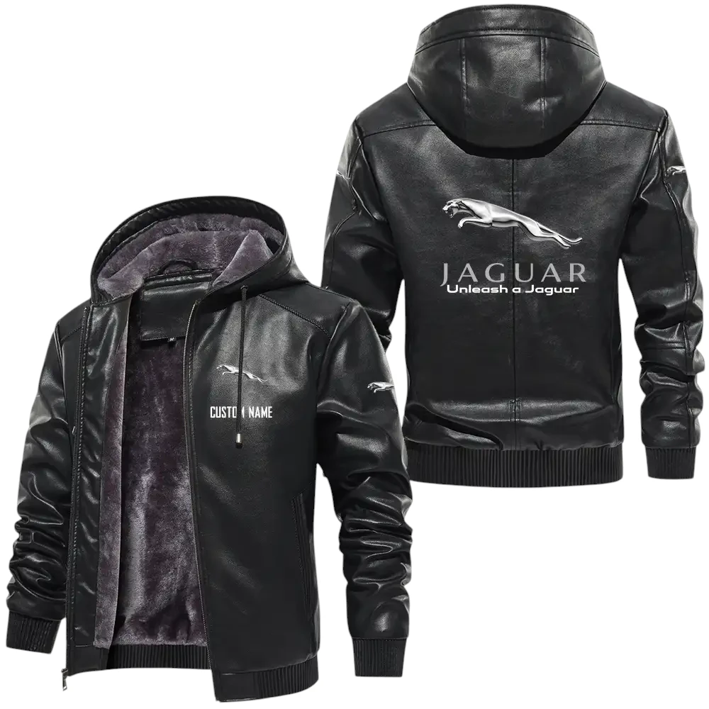 Jaguar Cars PU Leather Hooded Jacket, Mens Durable Windproof Keep Warm Soft Velvet Lined Jacket, Custom Name HG040325Y24LJH1JAG