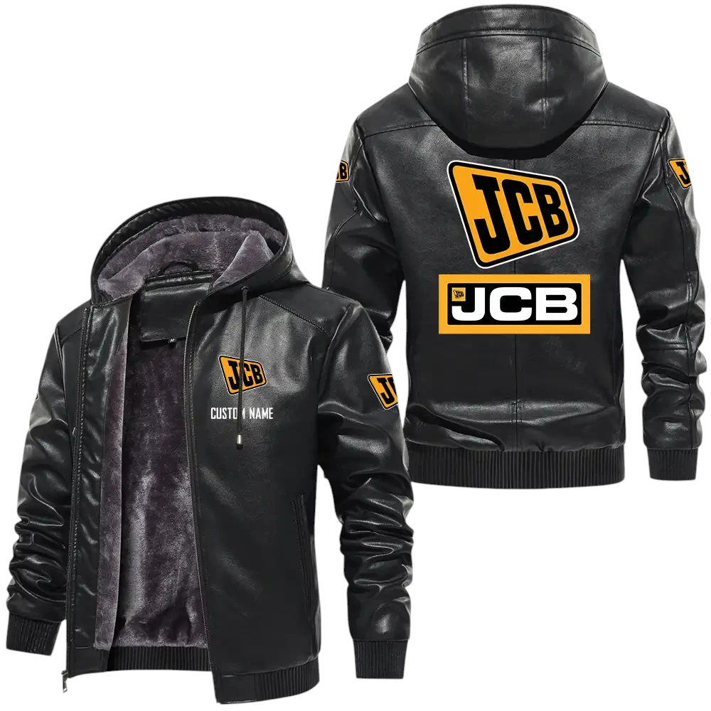 Jcb PU Leather Hooded Jacket, Mens Durable Windproof Keep Warm Soft Velvet Lined Jacket, Custom Name HG040325Y24LJH1JCB