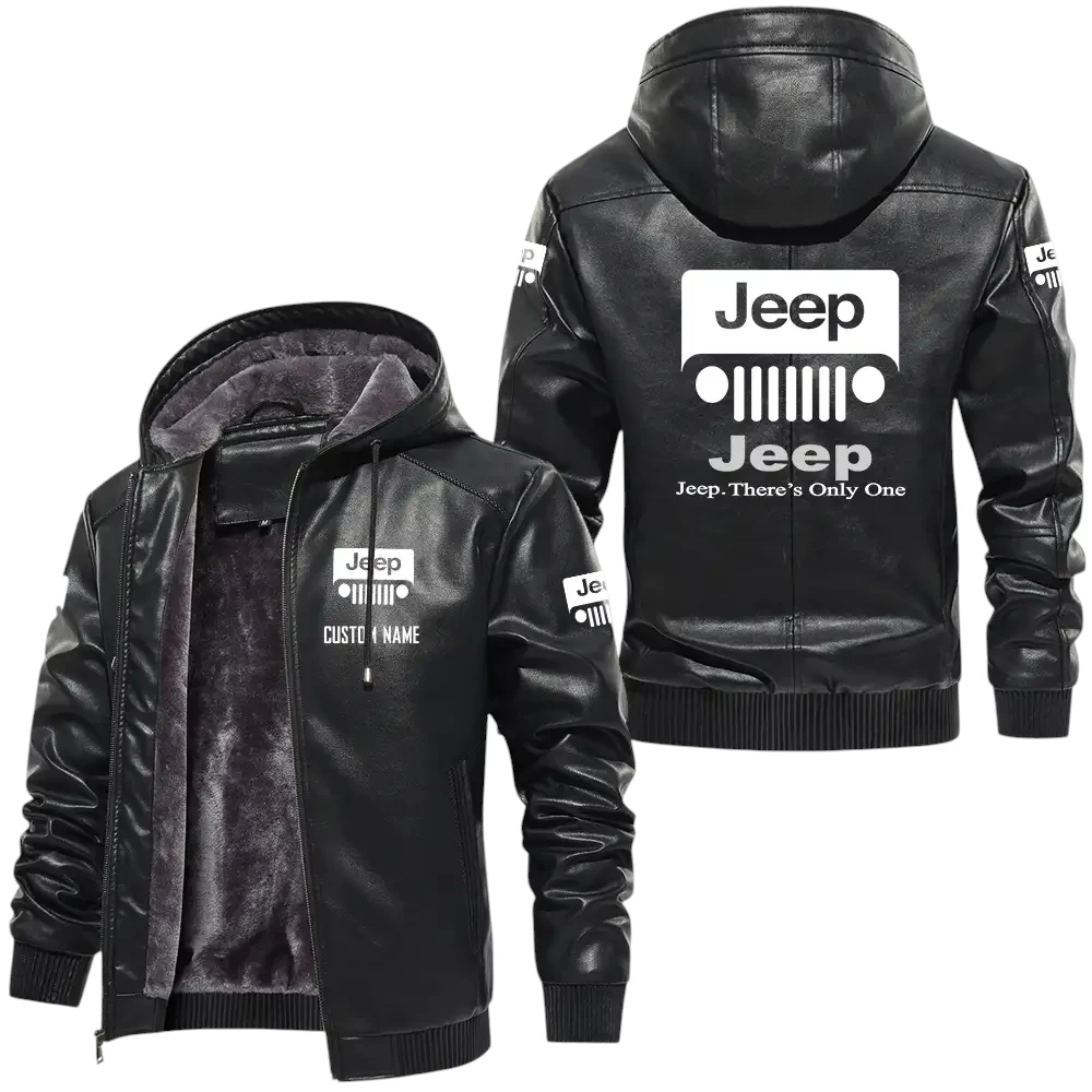 Jeep PU Leather Hooded Jacket, Mens Durable Windproof Keep Warm Soft Velvet Lined Jacket, Custom Name HG040325Y24LJH1JEE