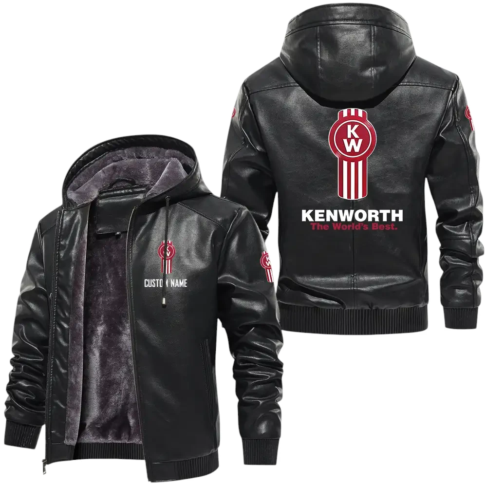 Kenworth PU Leather Hooded Jacket, Mens Durable Windproof Keep Warm Soft Velvet Lined Jacket, Custom Name HG040325Y24LJH1KEN