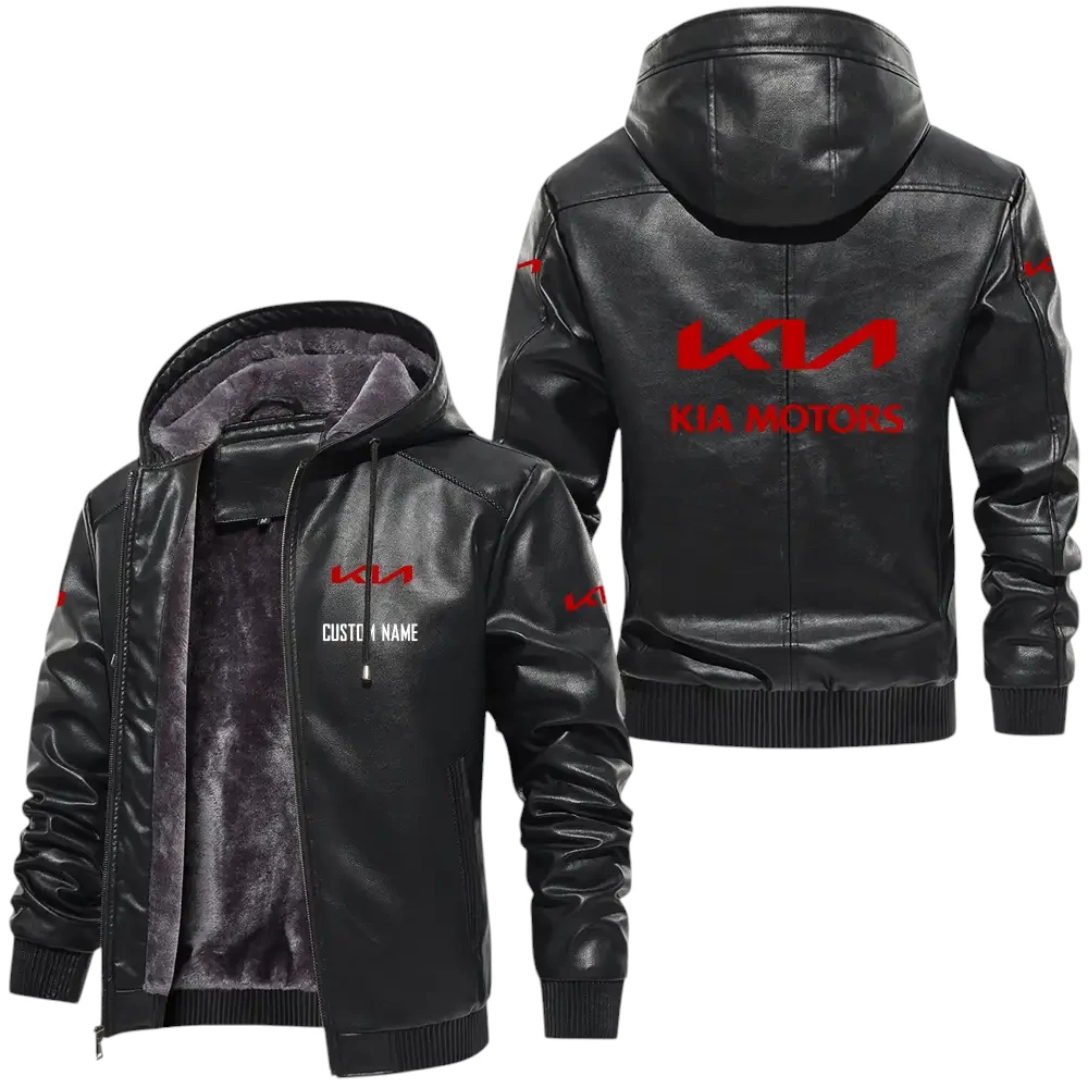 Kia PU Leather Hooded Jacket, Mens Durable Windproof Keep Warm Soft Velvet Lined Jacket, Custom Name HG040325Y24LJH1KIA