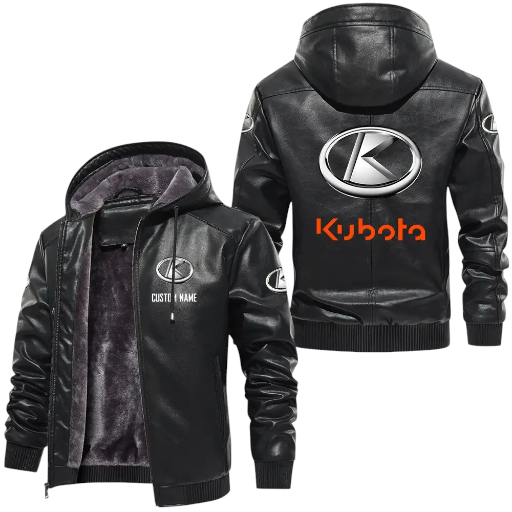 Kubota PU Leather Hooded Jacket, Mens Durable Windproof Keep Warm Soft Velvet Lined Jacket, Custom Name HG040325Y24LJH1KUB