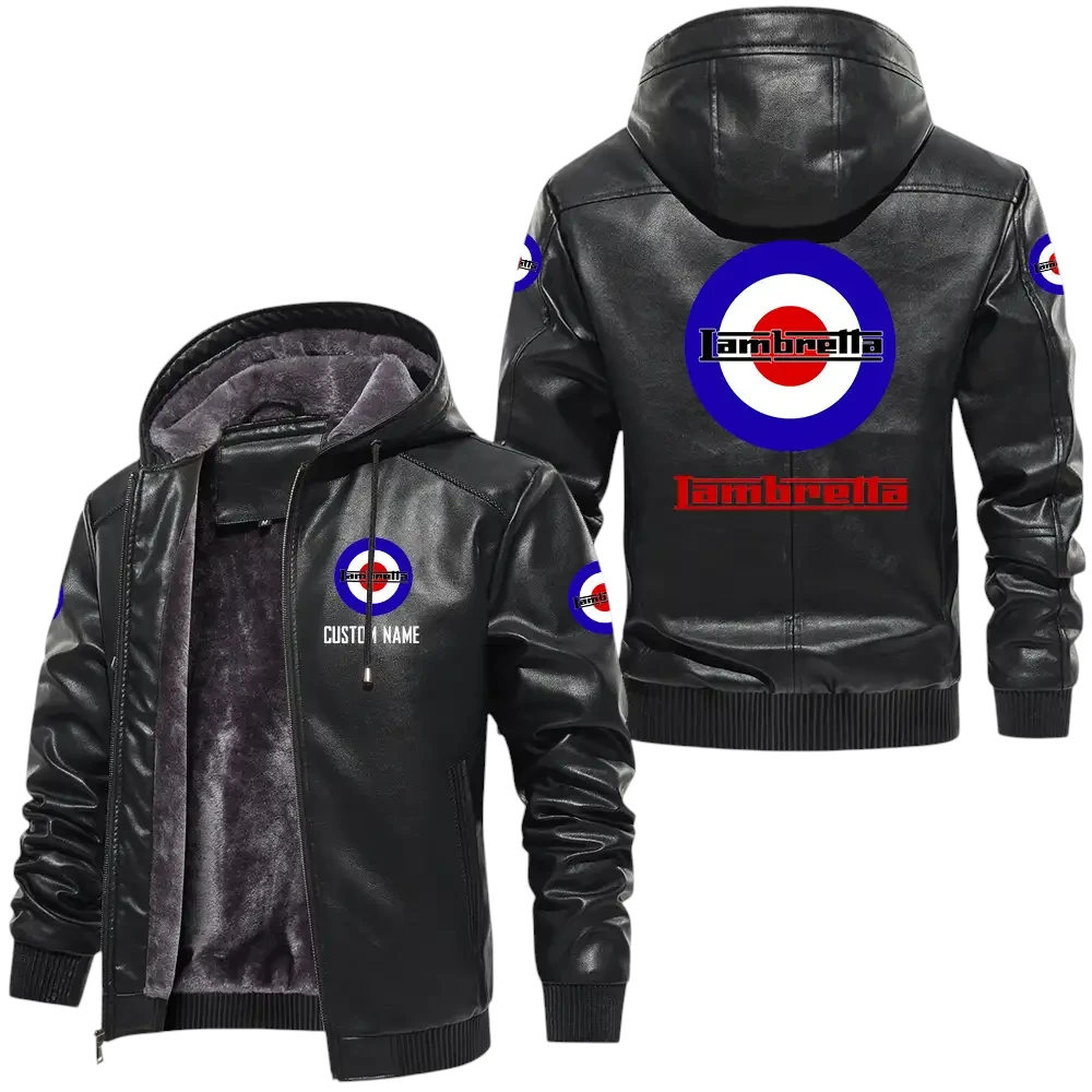 Lambretta PU Leather Hooded Jacket, Mens Durable Windproof Keep Warm Soft Velvet Lined Jacket, Custom Name HG040325Y24LJH1LAT