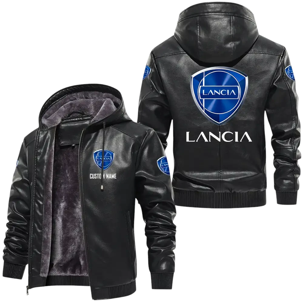 Lancia PU Leather Hooded Jacket, Mens Durable Windproof Keep Warm Soft Velvet Lined Jacket, Custom Name HG040325Y24LJH1LAN