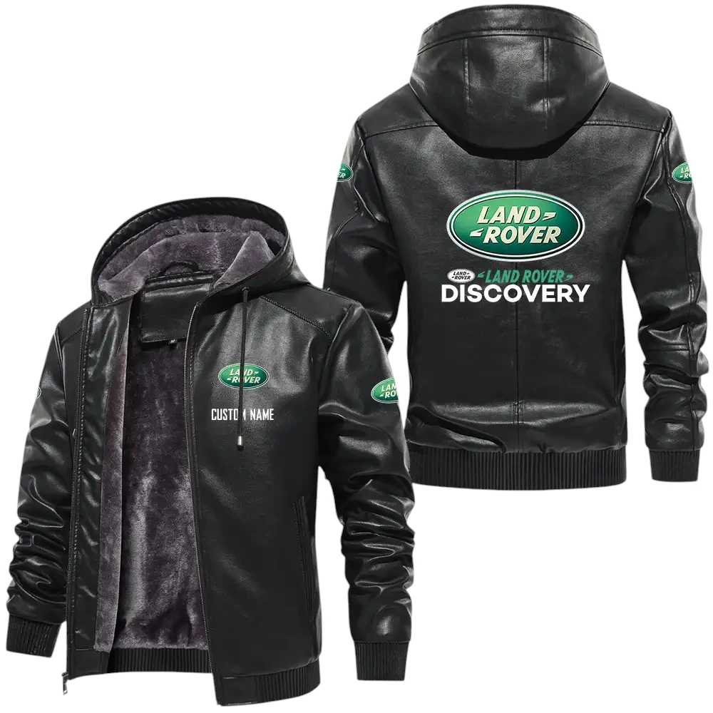 Land Rover Discovery PU Leather Hooded Jacket, Mens Durable Windproof Keep Warm Soft Velvet Lined Jacket, Custom Name HG040325Y24LJH2LRD
