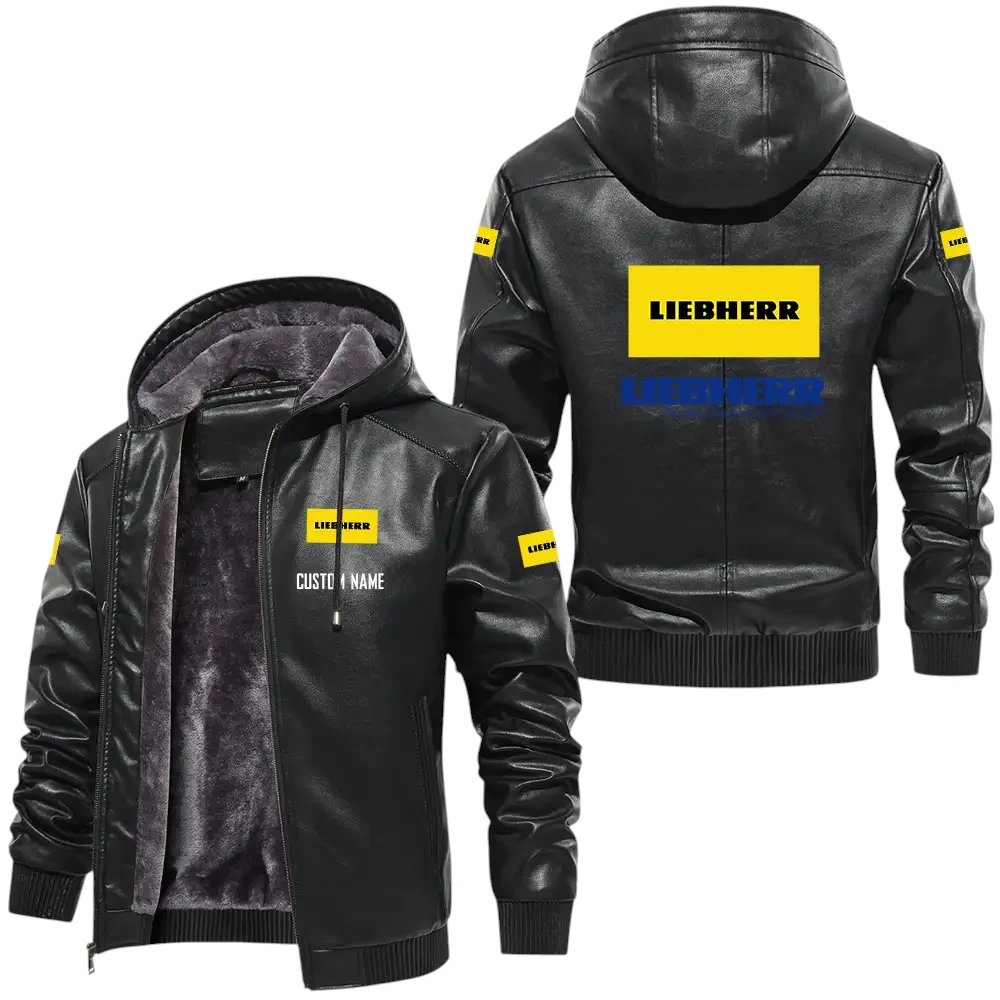 Liebherr PU Leather Hooded Jacket, Mens Durable Windproof Keep Warm Soft Velvet Lined Jacket, Custom Name HG040325Y24LJH1LIE