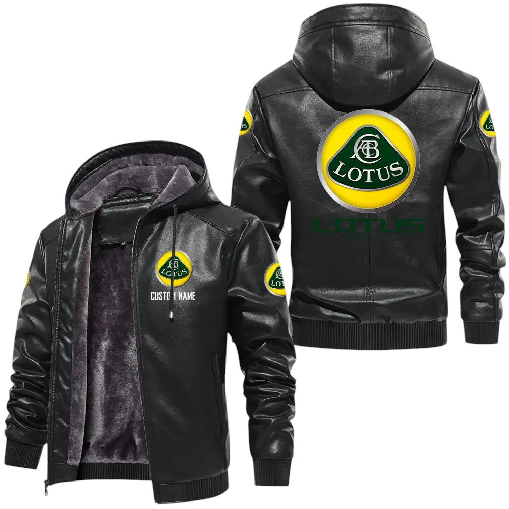 Lotus Cars PU Leather Hooded Jacket, Mens Durable Windproof Keep Warm Soft Velvet Lined Jacket, Custom Name HG040325Y24LJH1LOT