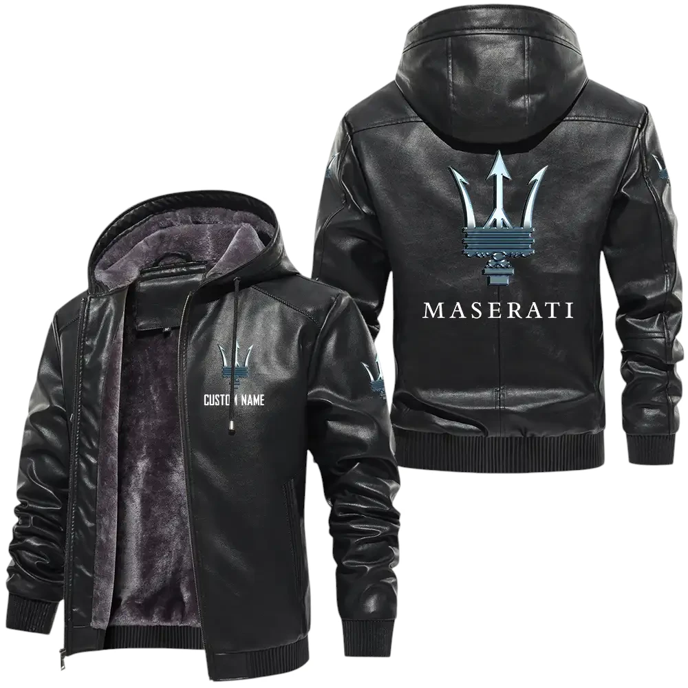 Maserati PU Leather Hooded Jacket, Mens Durable Windproof Keep Warm Soft Velvet Lined Jacket, Custom Name HG040325Y24LJH1MAS