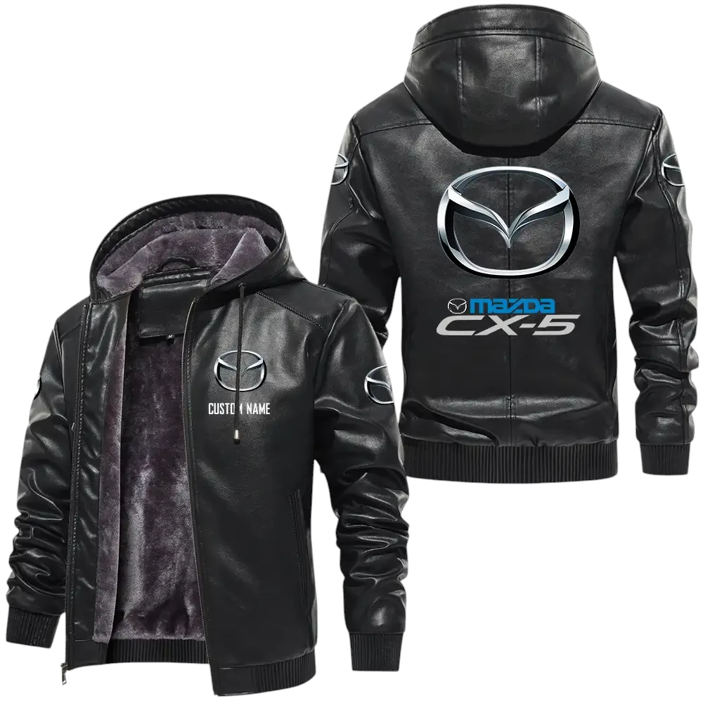 Mazda Cx5 PU Leather Hooded Jacket, Mens Durable Windproof Keep Warm Soft Velvet Lined Jacket, Custom Name HG040325Y24LJH1MAZ