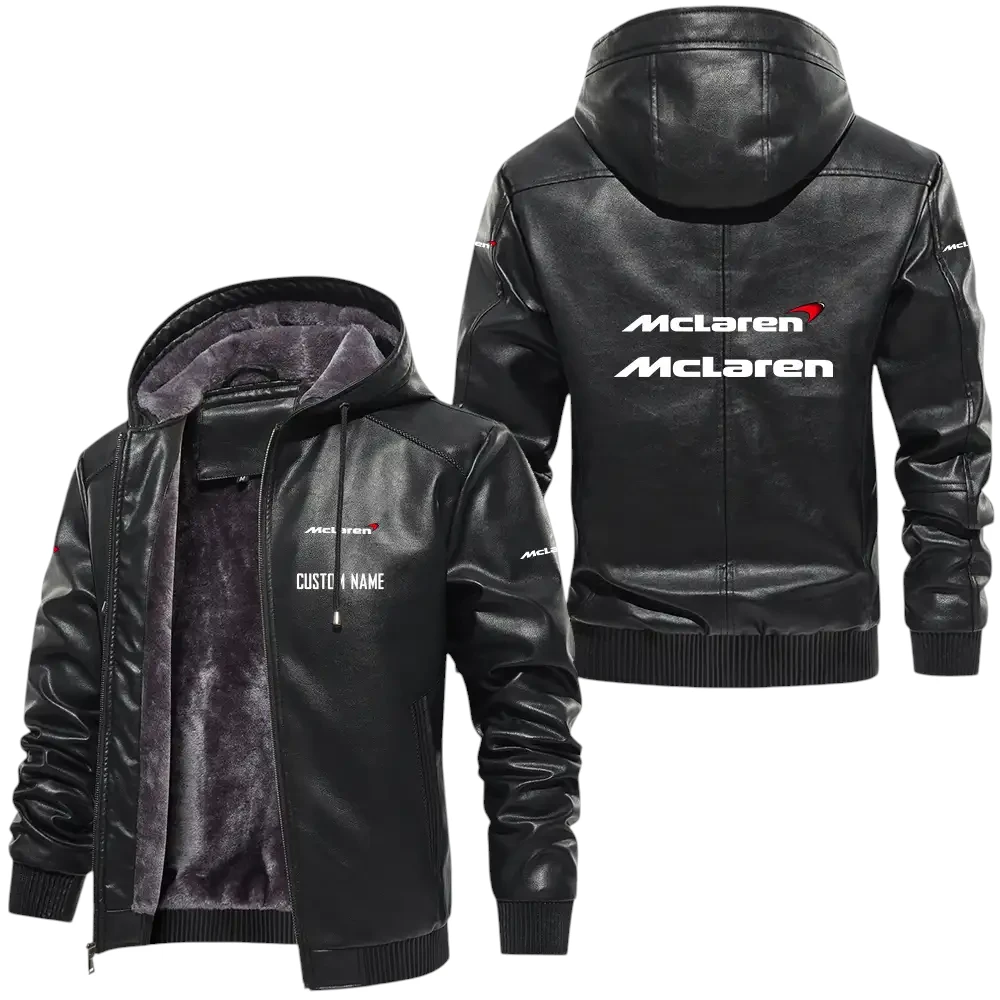 McLaren Automotive PU Leather Hooded Jacket, Mens Durable Windproof Keep Warm Soft Velvet Lined Jacket, Custom Name HG040325Y24LJH1MCL