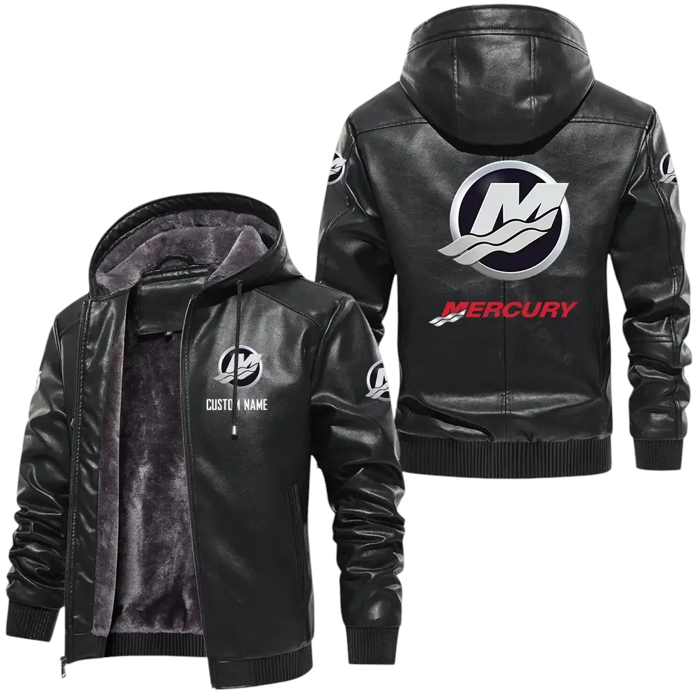 Mercury Marine PU Leather Hooded Jacket, Mens Durable Windproof Keep Warm Soft Velvet Lined Jacket, Custom Name HG050325Y24LJH1MEM