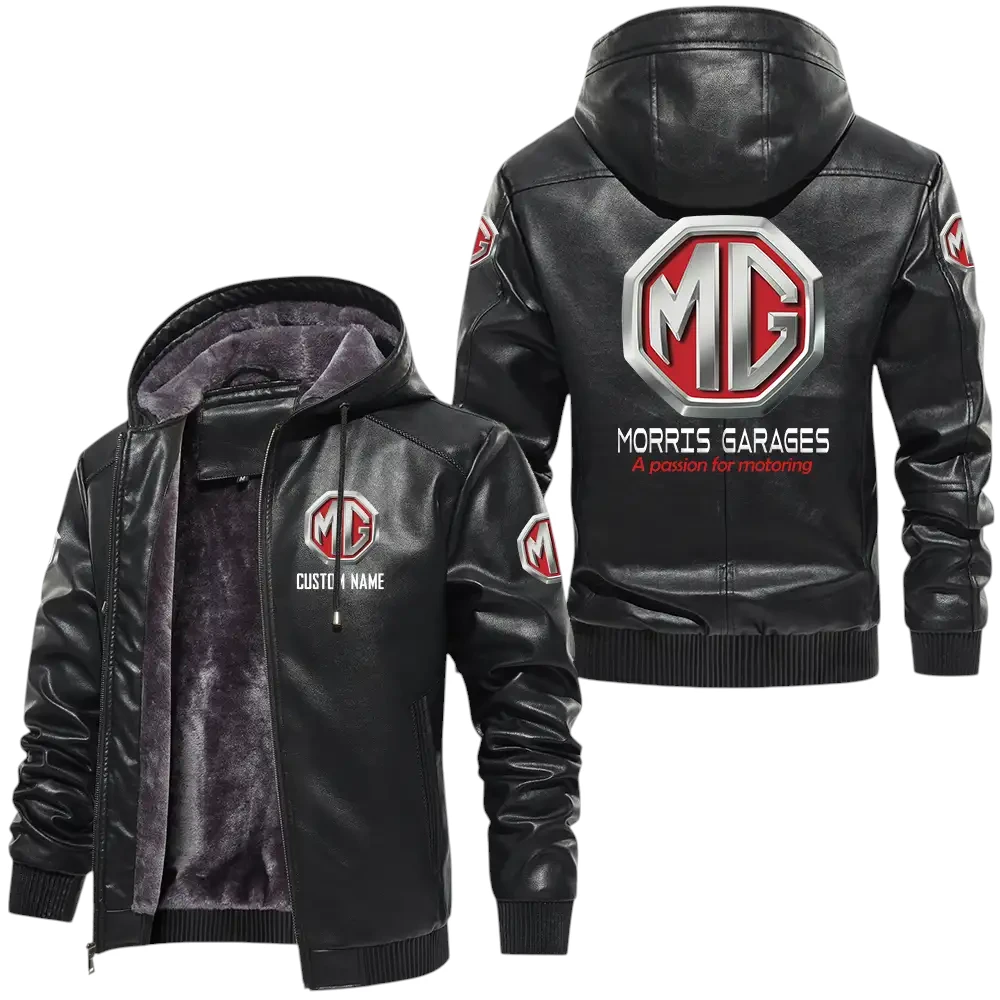MG Cars PU Leather Hooded Jacket, Mens Durable Windproof Keep Warm Soft Velvet Lined Jacket, Custom Name HG050325Y24LJH1MGC