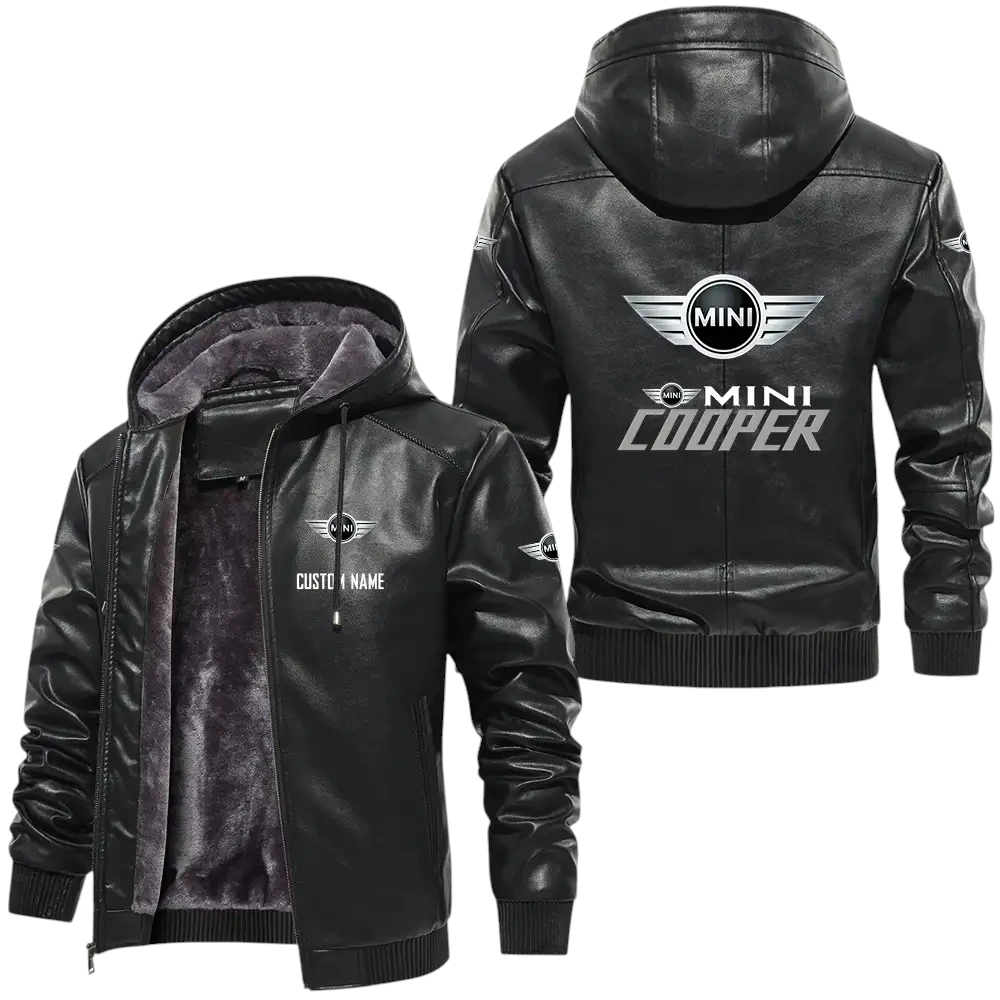 Mini Cooper PU Leather Hooded Jacket, Mens Durable Windproof Keep Warm Soft Velvet Lined Jacket, Custom Name HG050325Y24LJH1MNP