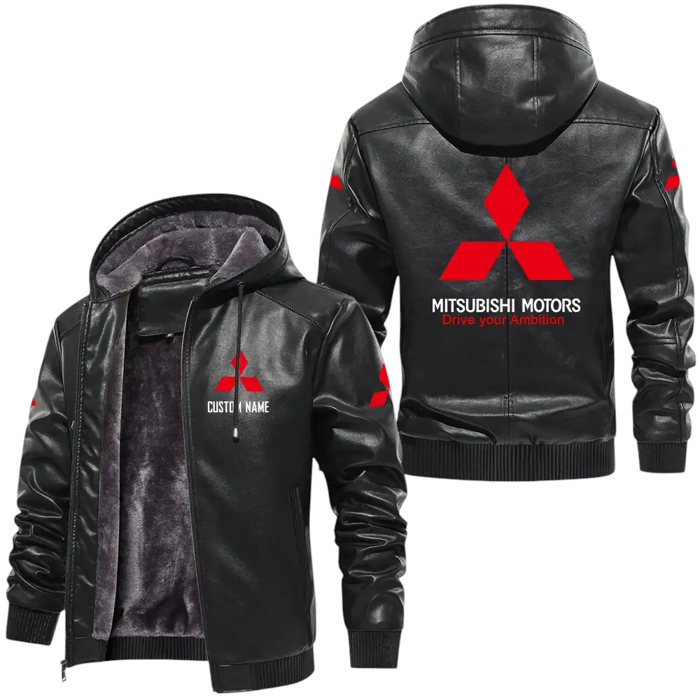 Mitsubishi PU Leather Hooded Jacket, Mens Durable Windproof Keep Warm Soft Velvet Lined Jacket, Custom Name HG050325Y24LJH1MIT