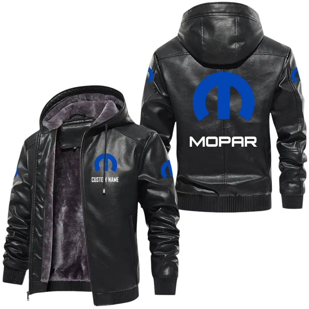 Mopar PU Leather Hooded Jacket, Mens Durable Windproof Keep Warm Soft Velvet Lined Jacket, Custom Name HG050325Y24LJH1MOP