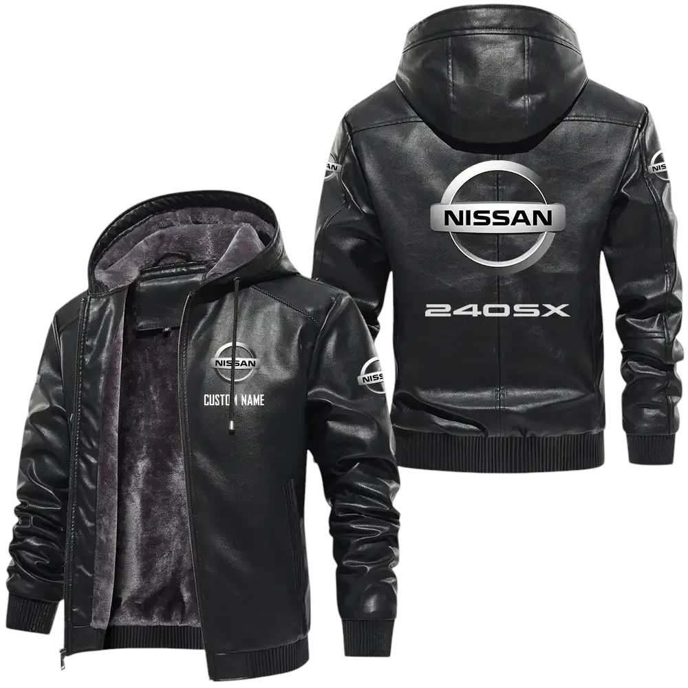 Nissan 240sx PU Leather Hooded Jacket, Mens Durable Windproof Keep Warm Soft Velvet Lined Jacket, Custom Name HG050325Y24LJH1NIS