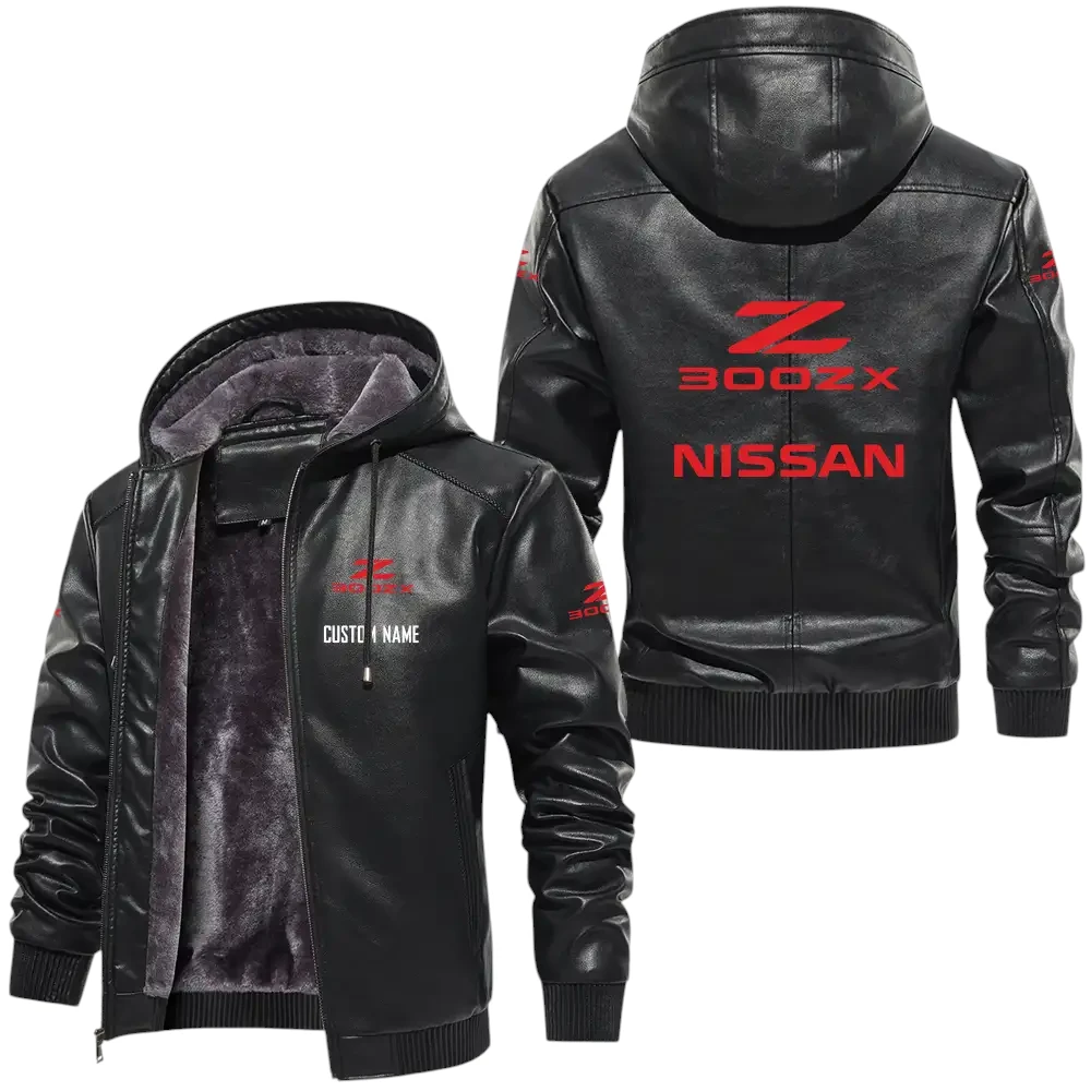 Nissan 300zx PU Leather Hooded Jacket, Mens Durable Windproof Keep Warm Soft Velvet Lined Jacket, Custom Name HG050325Y24LJH2NIS