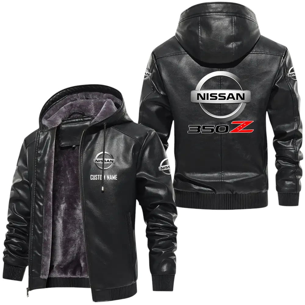 Nissan 350z PU Leather Hooded Jacket, Mens Durable Windproof Keep Warm Soft Velvet Lined Jacket, Custom Name HG050325Y24LJH3NIS