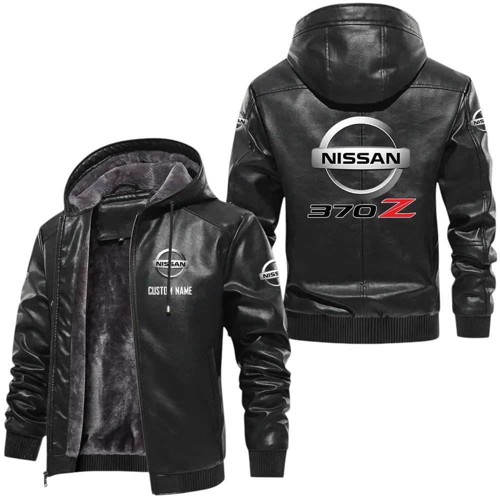 Nissan 370z PU Leather Hooded Jacket, Mens Durable Windproof Keep Warm Soft Velvet Lined Jacket, Custom Name HG050325Y24LJH4NIS