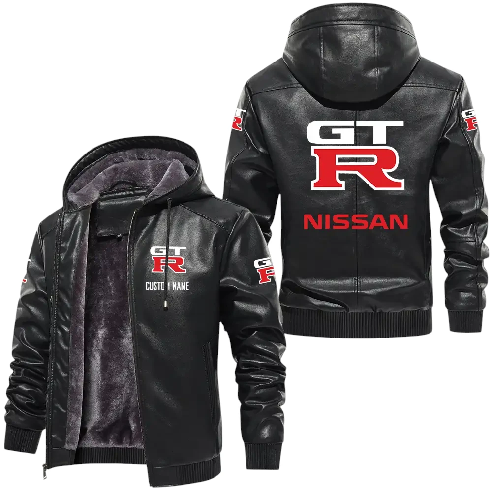 Nissan Gtr PU Leather Hooded Jacket, Mens Durable Windproof Keep Warm Soft Velvet Lined Jacket, Custom Name HG050325Y24LJH5NIS