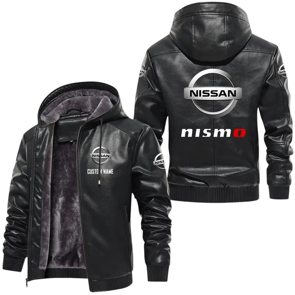 Nissan Nismo PU Leather Hooded Jacket, Mens Durable Windproof Keep Warm Soft Velvet Lined Jacket, Custom Name HG050325Y24LJH7NIS