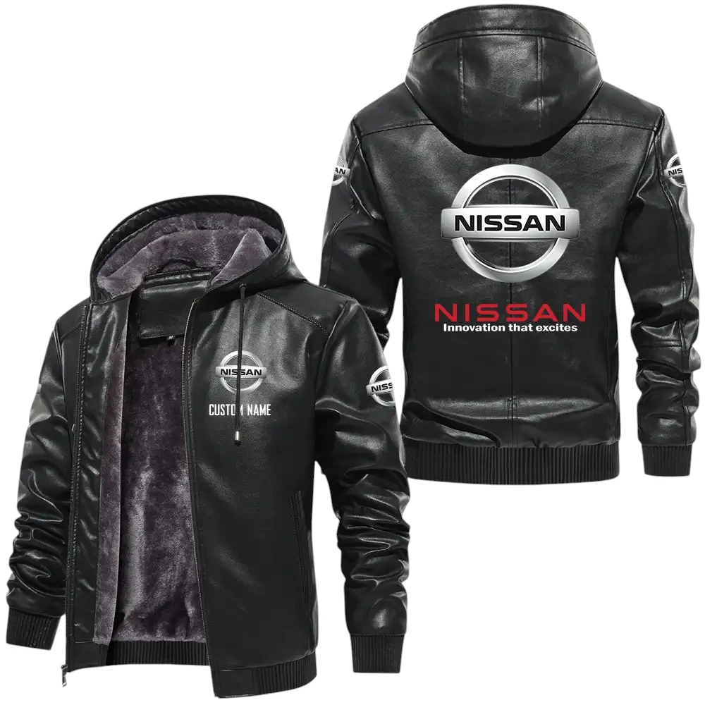Nissan PU Leather Hooded Jacket, Mens Durable Windproof Keep Warm Soft Velvet Lined Jacket, Custom Name HG050325Y24LJH6NIS