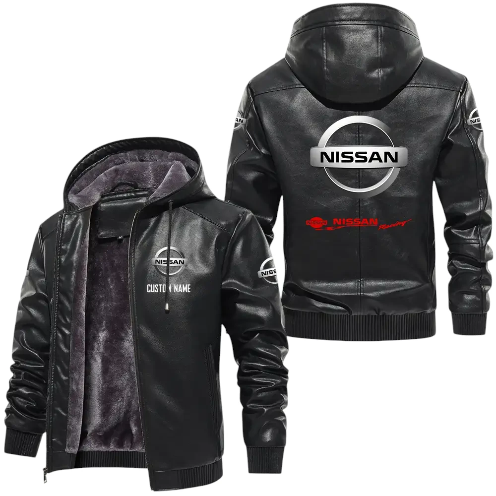 Nissan Racing PU Leather Hooded Jacket, Mens Durable Windproof Keep Warm Soft Velvet Lined Jacket, Custom Name HG050325Y24LJH10NIS