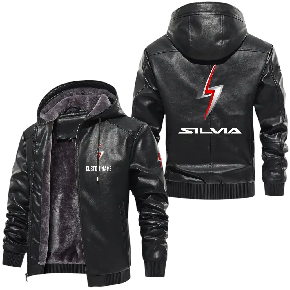 Nissan S13 PU Leather Hooded Jacket, Mens Durable Windproof Keep Warm Soft Velvet Lined Jacket, Custom Name HG050325Y24LJH11NIS