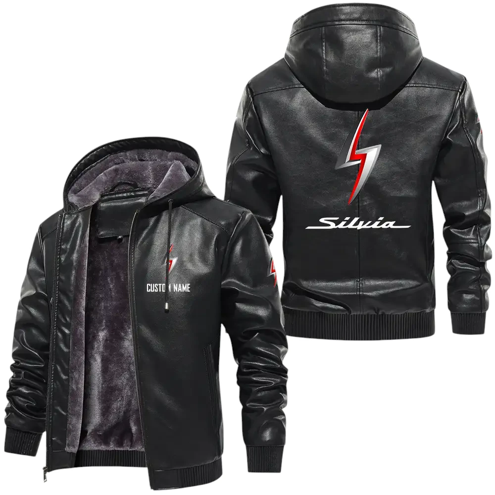 Nissan S14 PU Leather Hooded Jacket, Mens Durable Windproof Keep Warm Soft Velvet Lined Jacket, Custom Name HG050325Y24LJH12NIS