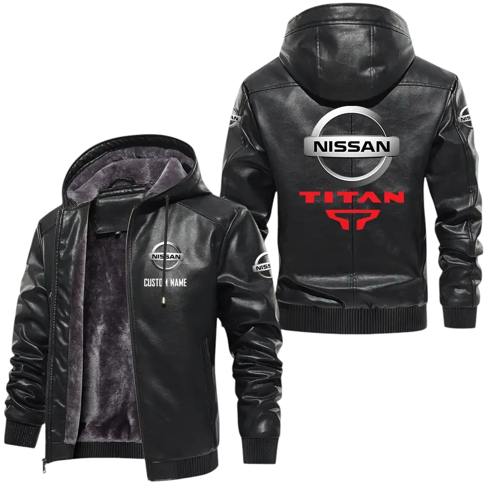 Nissan Titan PU Leather Hooded Jacket, Mens Durable Windproof Keep Warm Soft Velvet Lined Jacket, Custom Name HG050325Y24LJH14NIS