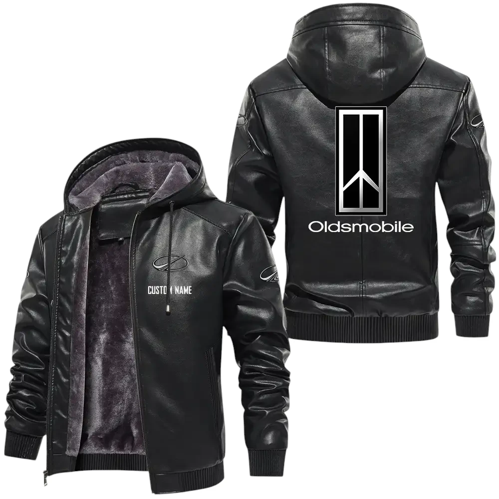 Oldsmobile PU Leather Hooded Jacket, Mens Durable Windproof Keep Warm Soft Velvet Lined Jacket, Custom Name HG050325Y24LJH1OLD