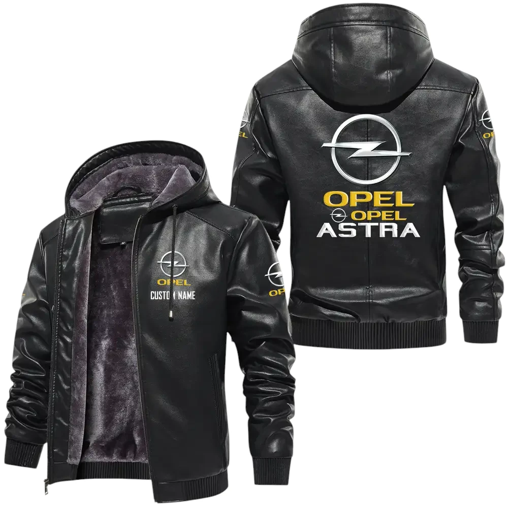 Opel Astra PU Leather Hooded Jacket, Mens Durable Windproof Keep Warm Soft Velvet Lined Jacket, Custom Name HG050325Y24LJH1OPE