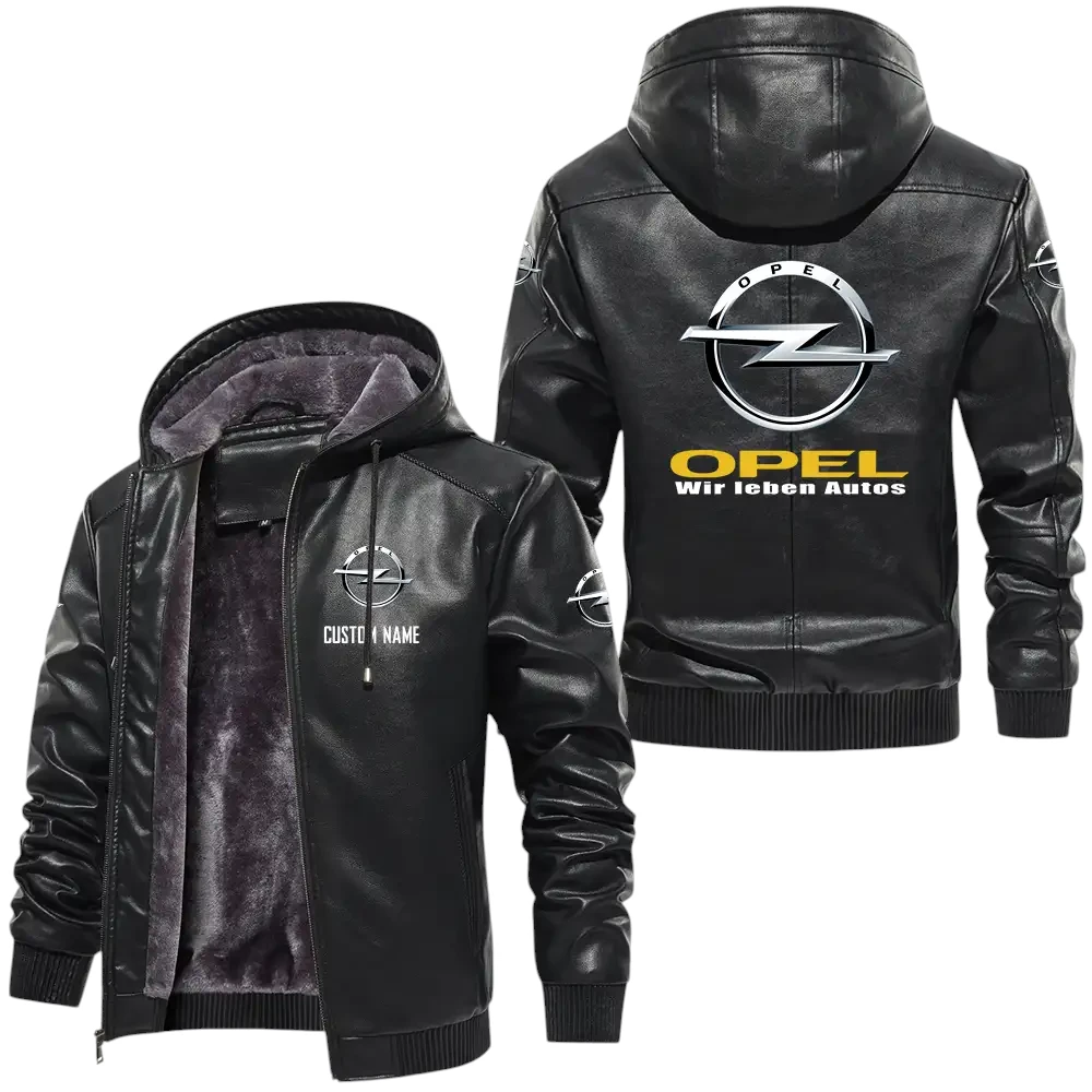 Opel PU Leather Hooded Jacket, Mens Durable Windproof Keep Warm Soft Velvet Lined Jacket, Custom Name HG050325Y24LJH2OPE