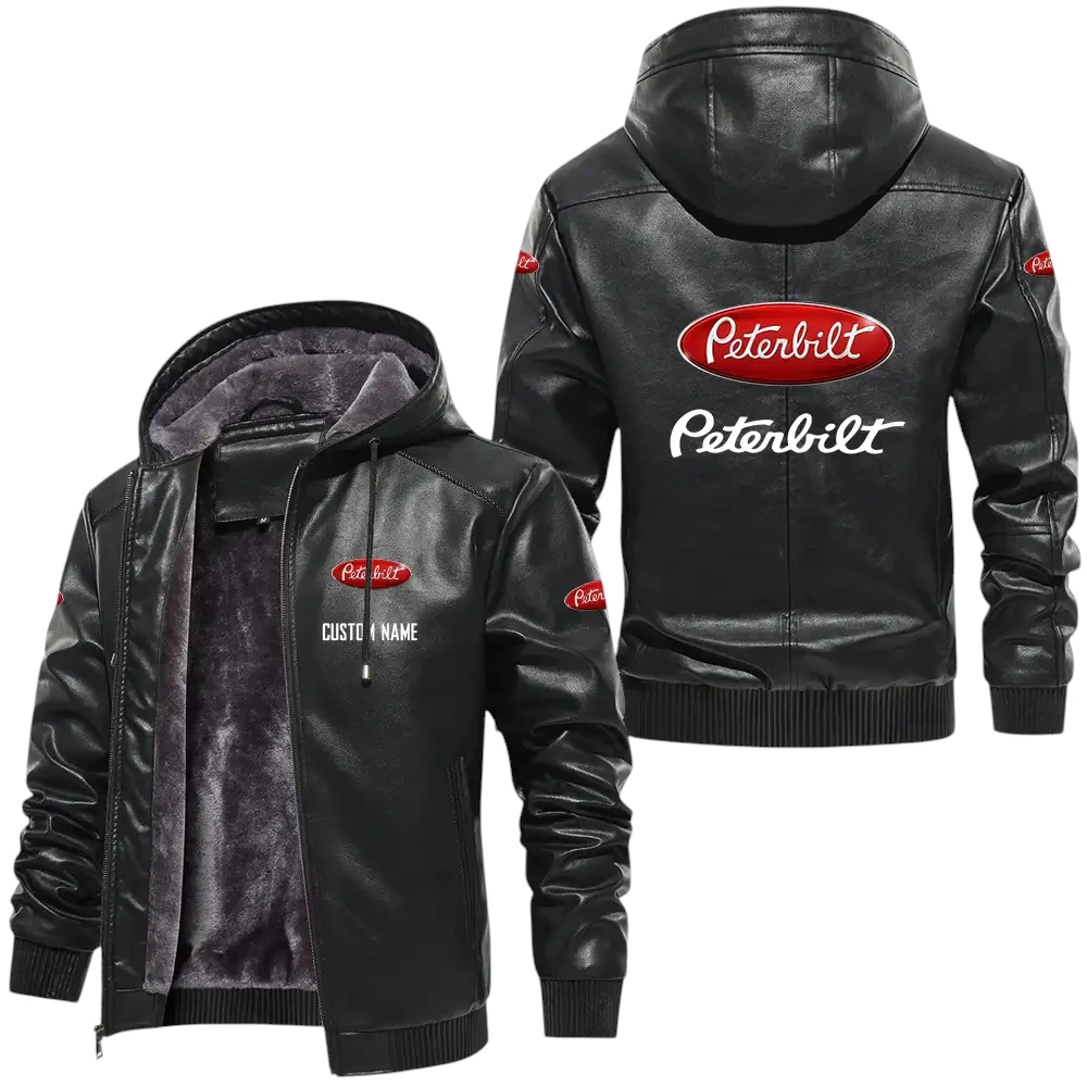 Peterbilt PU Leather Hooded Jacket, Mens Durable Windproof Keep Warm Soft Velvet Lined Jacket, Custom Name HG050325Y24LJH1PET
