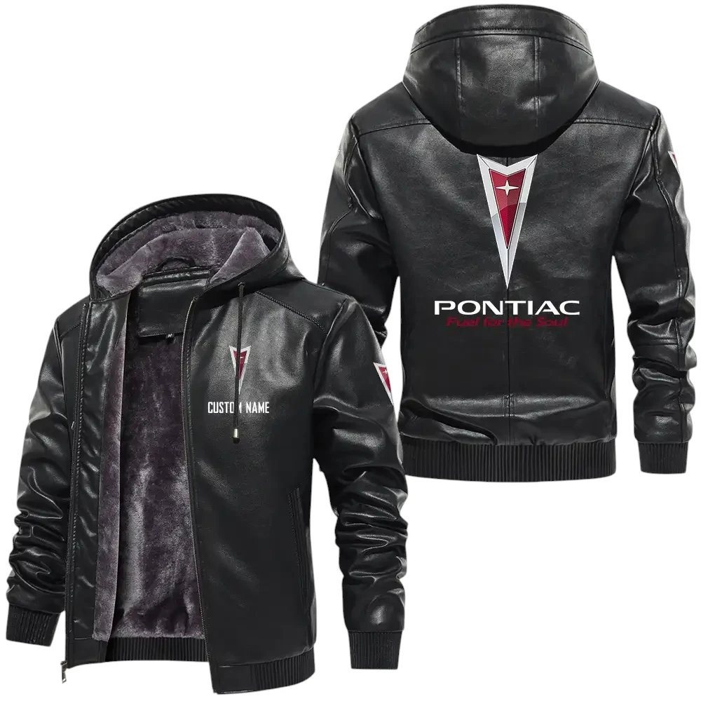 Pontiac PU Leather Hooded Jacket, Mens Durable Windproof Keep Warm Soft Velvet Lined Jacket, Custom Name HG050325Y24LJH2PON