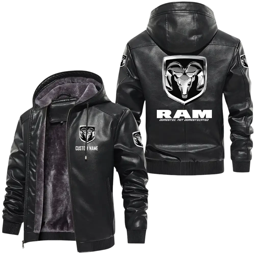 Ram PU Leather Hooded Jacket, Mens Durable Windproof Keep Warm Soft Velvet Lined Jacket, Custom Name HG050325Y24LJH1RAM