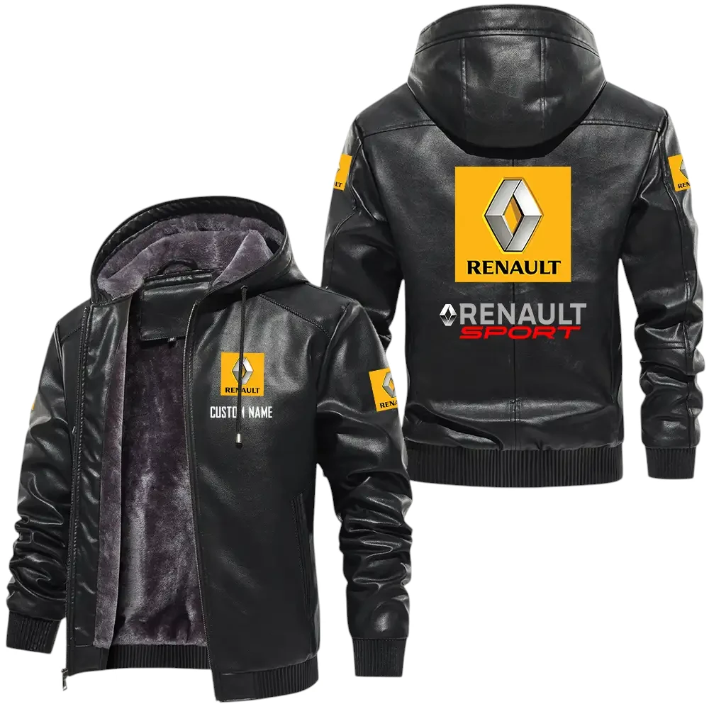Renault PU Leather Hooded Jacket, Mens Durable Windproof Keep Warm Soft Velvet Lined Jacket, Custom Name HG050325Y24LJH1REN