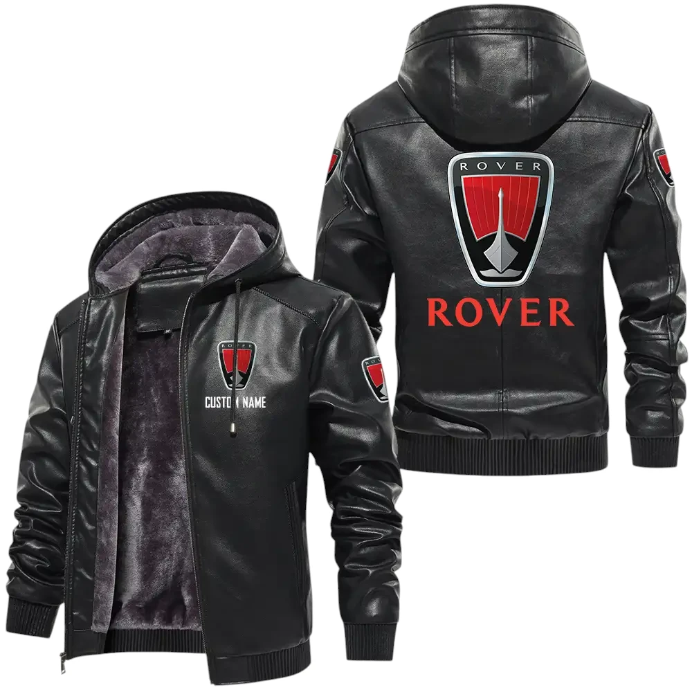 Rover PU Leather Hooded Jacket, Mens Durable Windproof Keep Warm Soft Velvet Lined Jacket, Custom Name HG050325Y24LJH2ROR