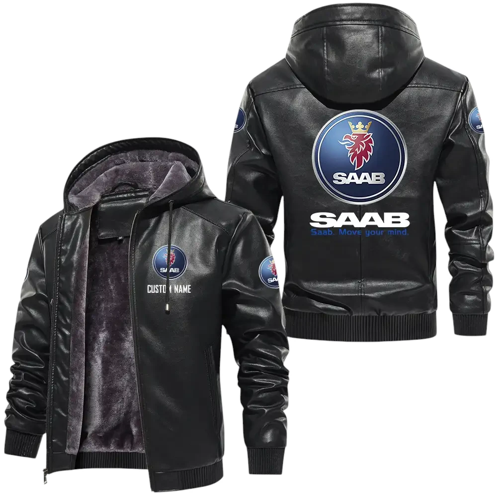 SAAB PU Leather Hooded Jacket, Mens Durable Windproof Keep Warm Soft Velvet Lined Jacket, Custom Name HG050325Y24LJH1SAA