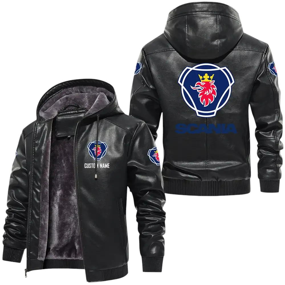 Scania PU Leather Hooded Jacket, Mens Durable Windproof Keep Warm Soft Velvet Lined Jacket, Custom Name HG050325Y24LJH1SCA