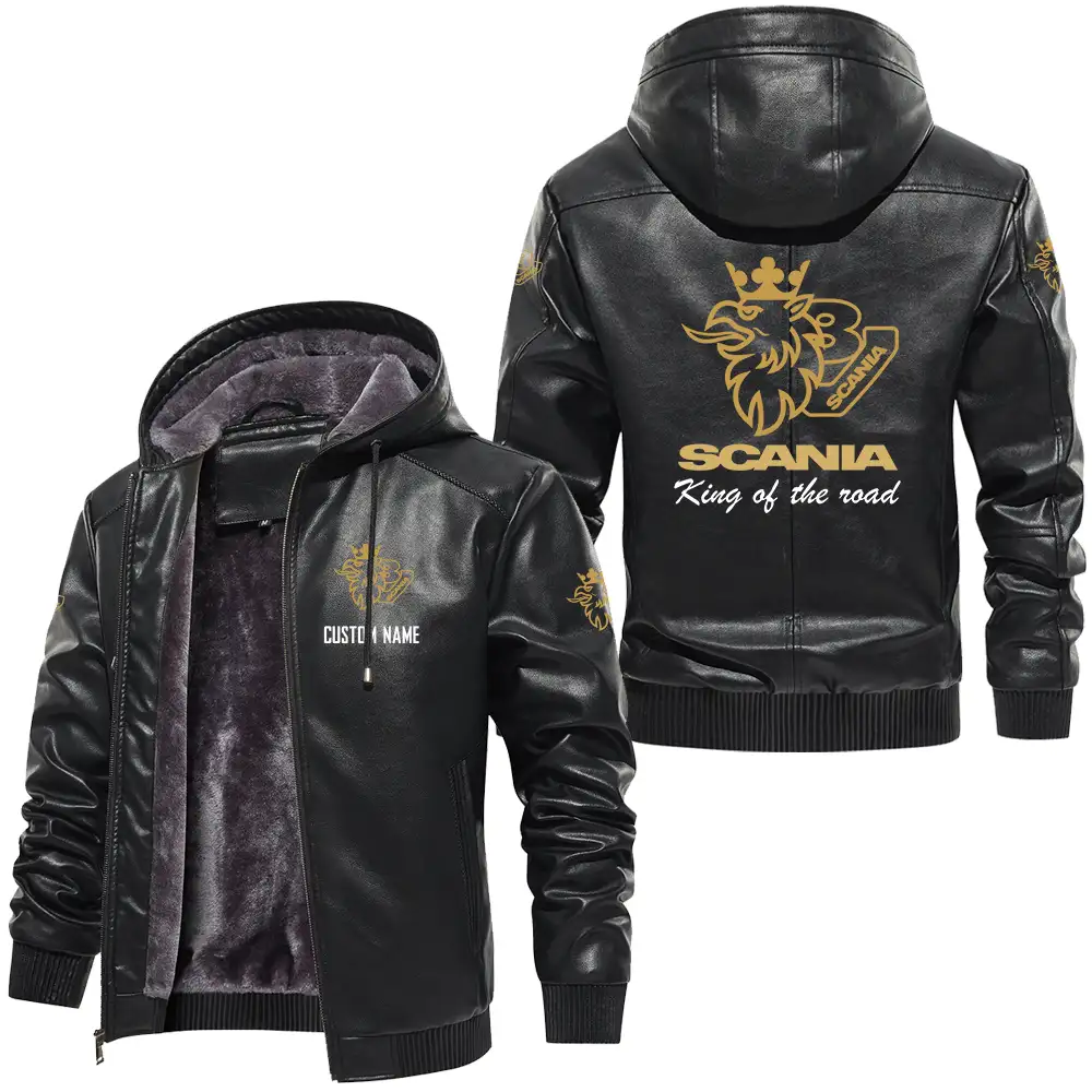 Scania V8 PU Leather Hooded Jacket Durable Windproof Keep Warm Soft Velvet Lined Jacket, Custom Name HG050325Y24LJH1SV8